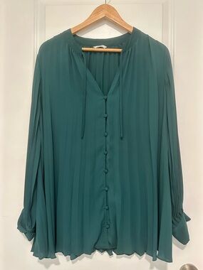 Penningtons Teal Pleated Button-Front Tie-Neck Blouse